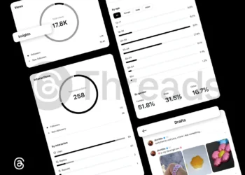 صورة توضح كيفية الوصول إلى ميزة التحليلات على Threads عبر الهاتف المحمول، مع عرض إحصائيات المنشورات والتفاعلات.