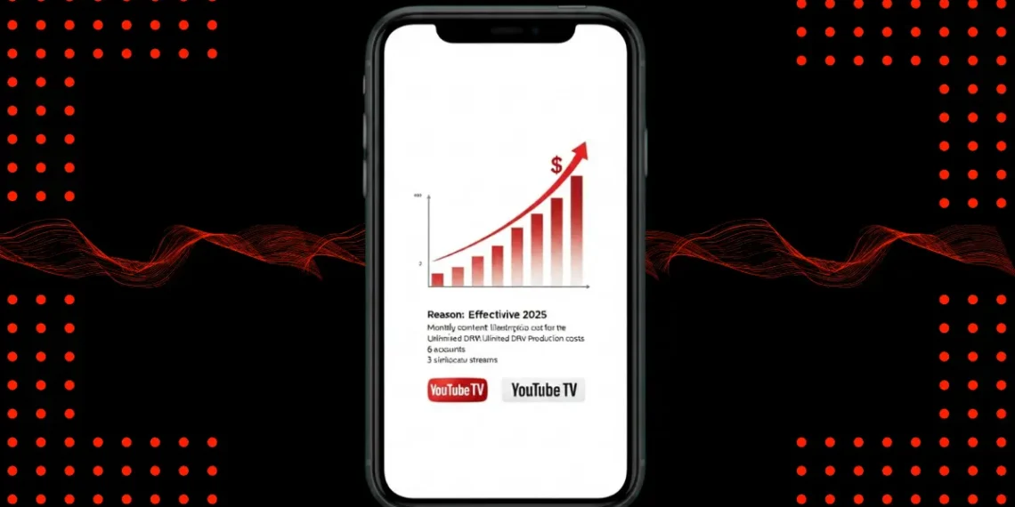 صورة توضح زيادة أسعار اشتراكات YouTube TV في 2025 مع تسليط الضوء على المزايا الجديدة.