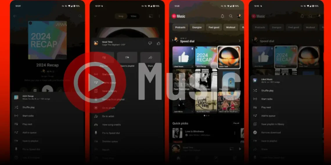 شاشة تطبيق يوتيوب ميوزيك YouTube Music مع ميزة تثبيت المحتوى في قسم الاتصال السريع.