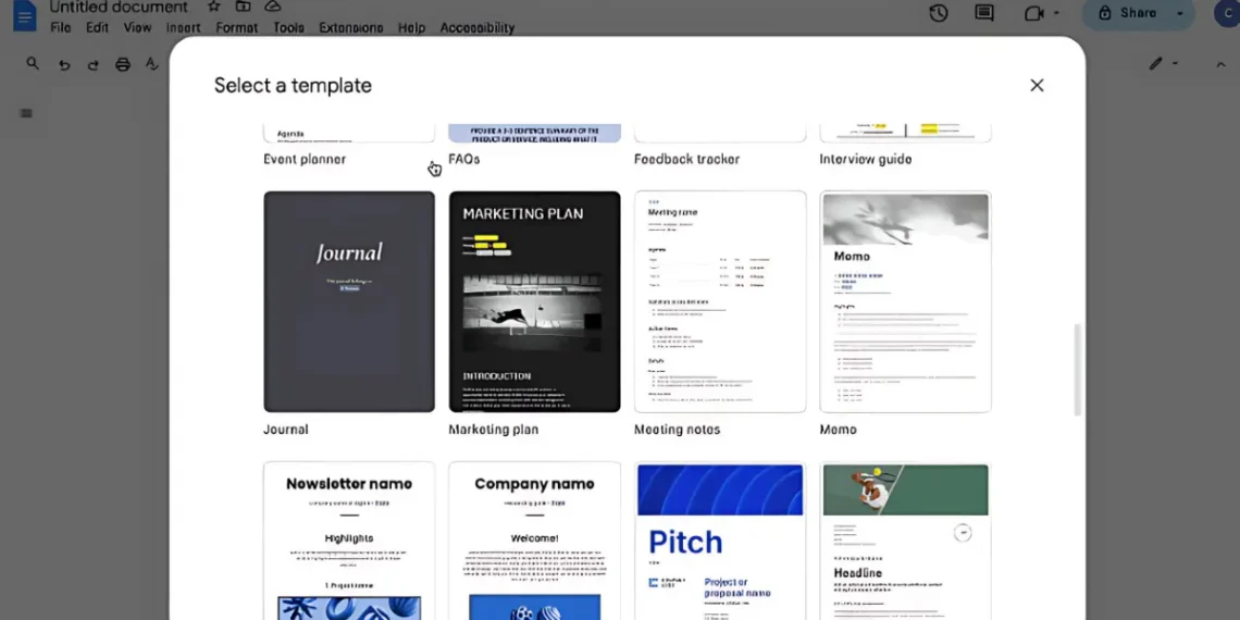 صورة توضح بعض القوالب الجديدة في Google Docs مع تصميم عصري وأدوات مخصصة.