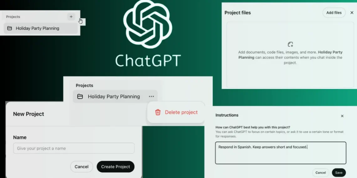 واجهة ميزة "المشاريع" الجديدة في ChatGPT تظهر تنظيم المحادثات والبيانات داخل مجموعات مخصصة