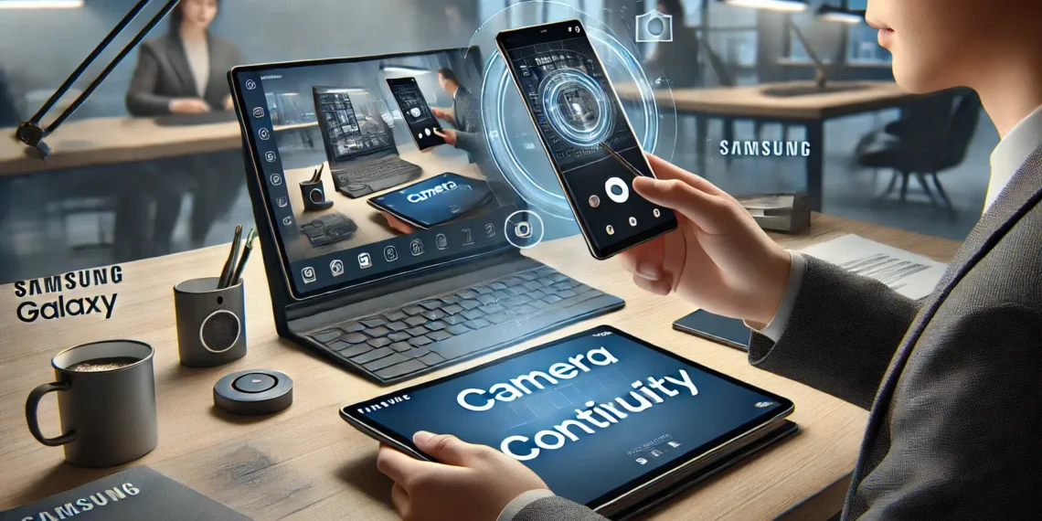 صورة توضح كيفية استخدام ميزة استمرارية الكاميرا في تحديث One UI 7 من سامسونج بين أجهزة جالاكسي.