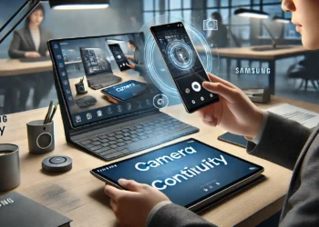 صورة توضح كيفية استخدام ميزة استمرارية الكاميرا في تحديث One UI 7 من سامسونج بين أجهزة جالاكسي.