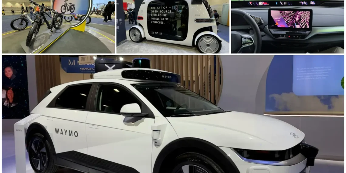 سيارة ذاتية القيادة تعرض تقنيات القيادة المستقبلية بمعرض CES 2025، مع شاشة ذكية تعرض معلومات الملاحة والترفيه - مصدر الصور: techcrunch.