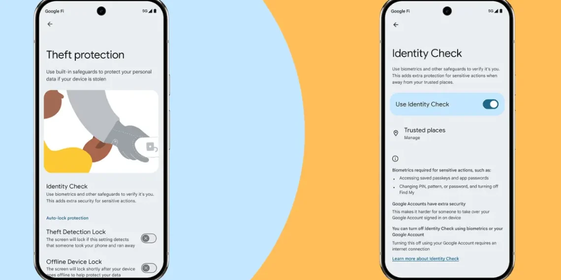 صورة توضح ميزة فحص الهوية من جوجل في أندرويد 15، يُظهر المصادقة البيومترية وحماية بيانات المستخدم من السرقة.