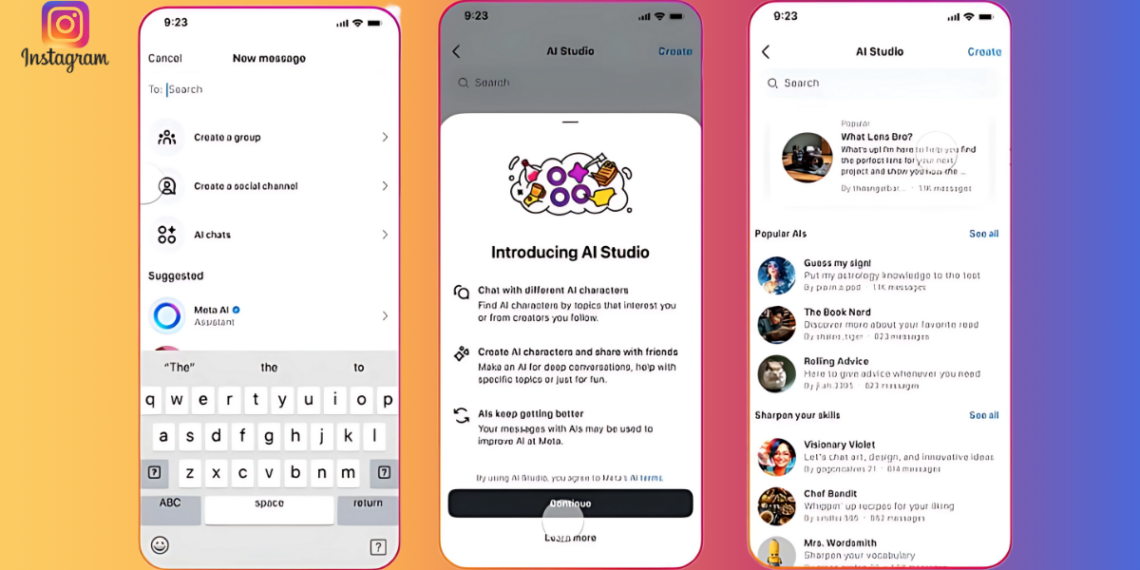 رسم توضيحي لخطوات إنشاء شخصية ذكاء اصطناعي على Instagram باستخدام استوديو الذكاء الاصطناعي من Meta.