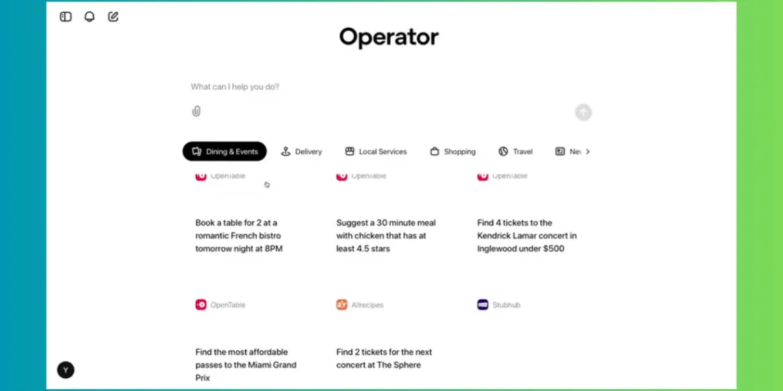 صورة توضيحية لأداة Operator من OpenAI تُظهر كيفية استخدام الذكاء الاصطناعي لتنفيذ المهام اليومية مثل حجز التذاكر والتسوق عبر الإنترنت.