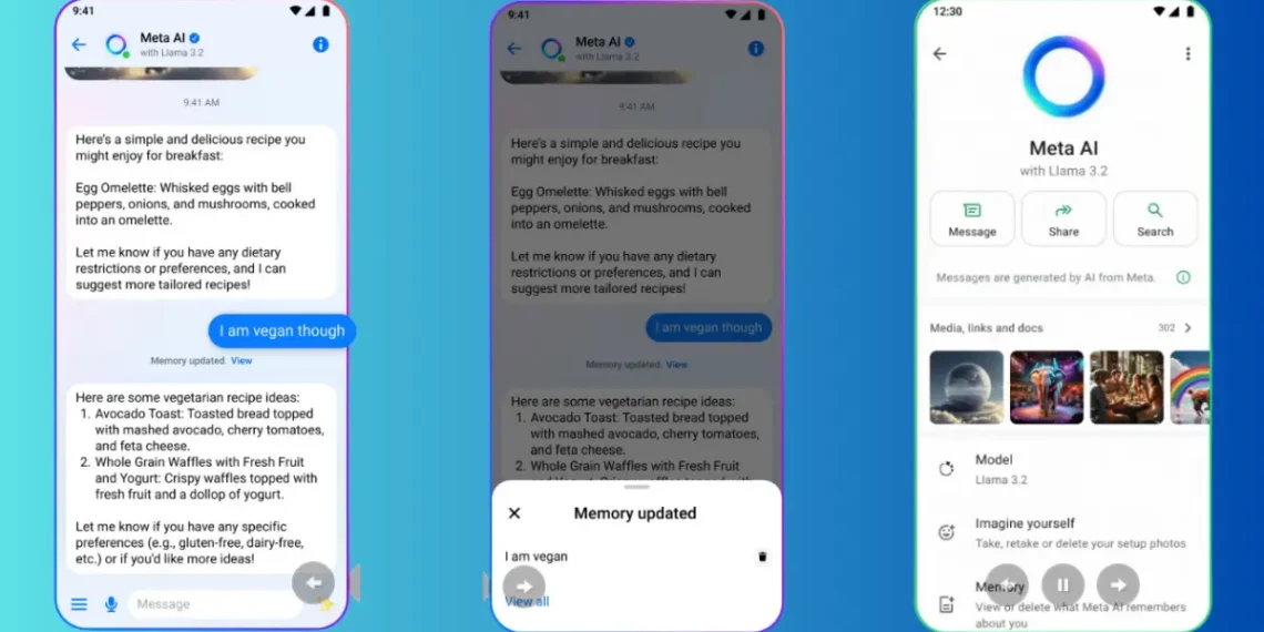 صورة توضيحية لميزة "الذاكرة" في مساعد Meta AI تعرض واجهة تفاعلية تقدم توصيات شخصية بناءً على اهتمامات المستخدم مع الحفاظ على الخصوصية.