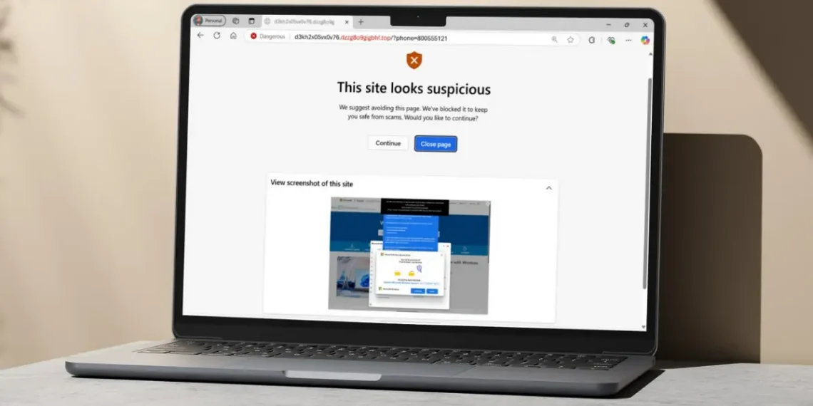 لقطة شاشة لميزة "مانع برمجيات التخويف" في متصفح مايكروسوفت إيدج تعرض تحذيرًا من موقع احتيالي.