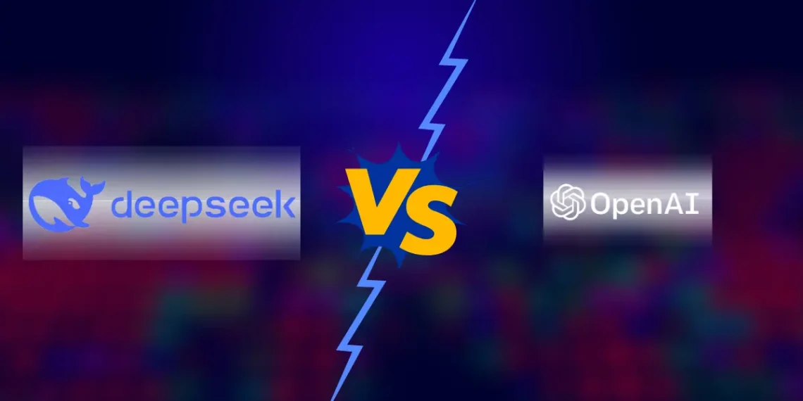 صورة توضح المنافسة في الذكاء الاصطناعي بين OpenAI و DeepSeek وسط اتهامات بسرقة البيانات والتكنولوجيا.