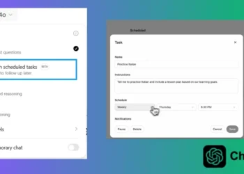 واجهة ميزة المهام الجديدة في ChatGPT تُظهر خيارات التذكيرات وإدارة المهام بطريقة سهلة وبسيطة.