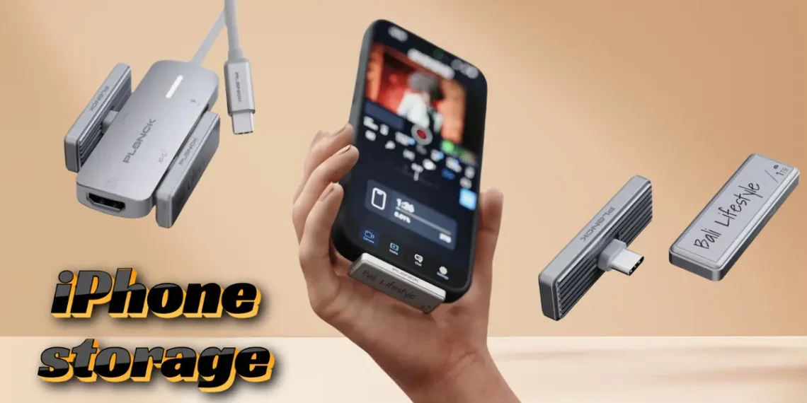 صورة لوحدة تخزين ShiftCam Planck SSD المتصلة بهاتف آيفون عبر منفذ USB-C، مع عرض الحجم الصغير وسرعات الأداء العالية.