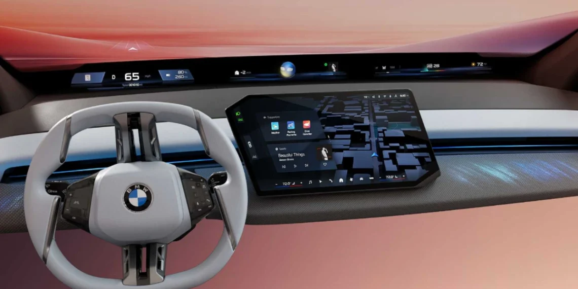 صورة توضيحية لنظام BMW iDrive الجديد 2025 تظهر الشاشة البانورامية وتصميم عجلة القيادة المبتكرة- مصدر الصورة: BMW.