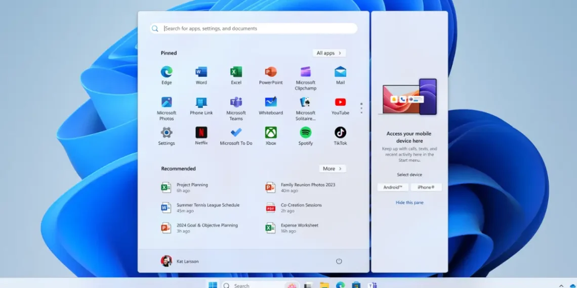 صورة توضح ميزة ربط هاتف iPhone بويندوز 11 عبر قائمة "ابدأ"- مصدر الصورة: مايكروسوفت