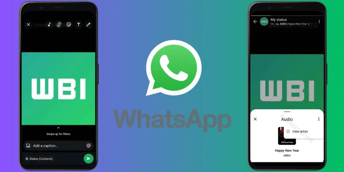 صورة توضح واجهة ميزة إضافة الموسيقى في تحديثات الحالة على واتساب لأجهزة أندرويد وآيفون.