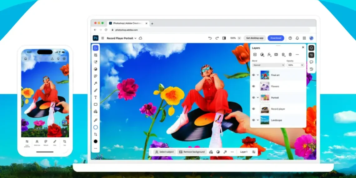 واجهة تطبيق فوتوشوب الجديد على الهاتف تعرض أدوات تحرير الصور والذكاء الاصطناعي