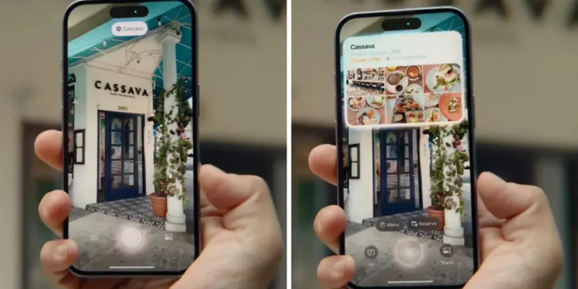 صورة لهاتف آيفون 15 برو يعرض تقنية الذكاء المرئي أثناء تحليل محتوى الصورة باستخدام الكاميرا.