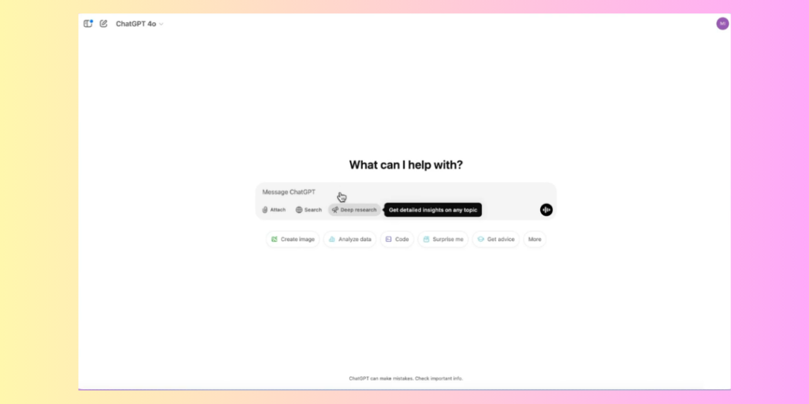 صورة توضح ميزة البحث العميق في ChatGPT