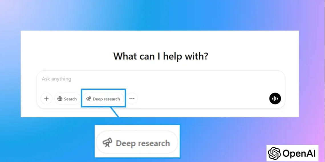 لقطة شاشة توضح واجهة ChatGPT مع ميزة البحث العميق (Deep Research) مفعلة