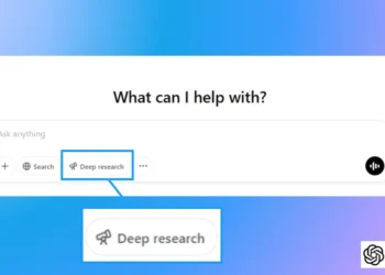 لقطة شاشة توضح واجهة ChatGPT مع ميزة البحث العميق (Deep Research) مفعلة