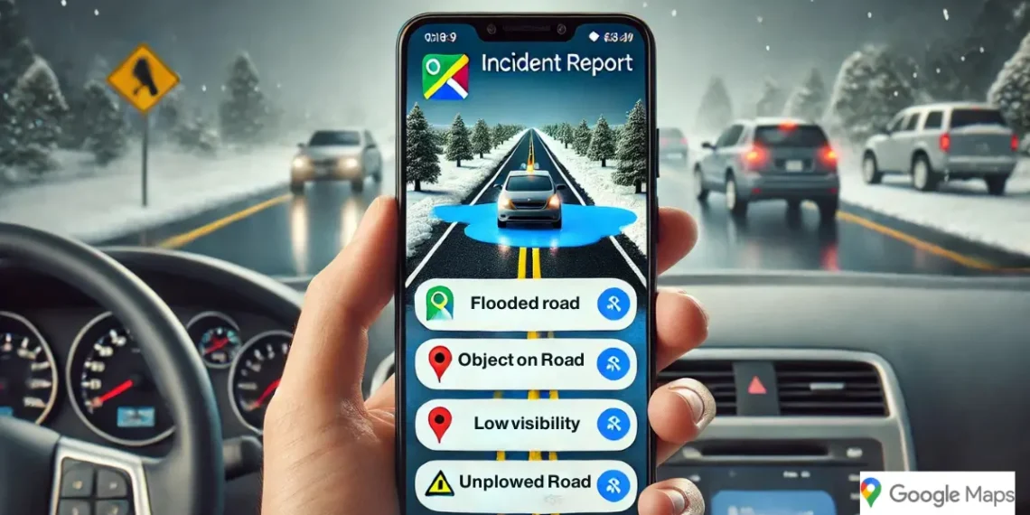 صورة توضح كيفية استخدام تقارير الحوادث في خرائط جوجل لتحسين سلامة القيادة في ظروف الطقس الصعبة.