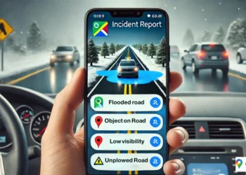 صورة توضح كيفية استخدام تقارير الحوادث في خرائط جوجل لتحسين سلامة القيادة في ظروف الطقس الصعبة.