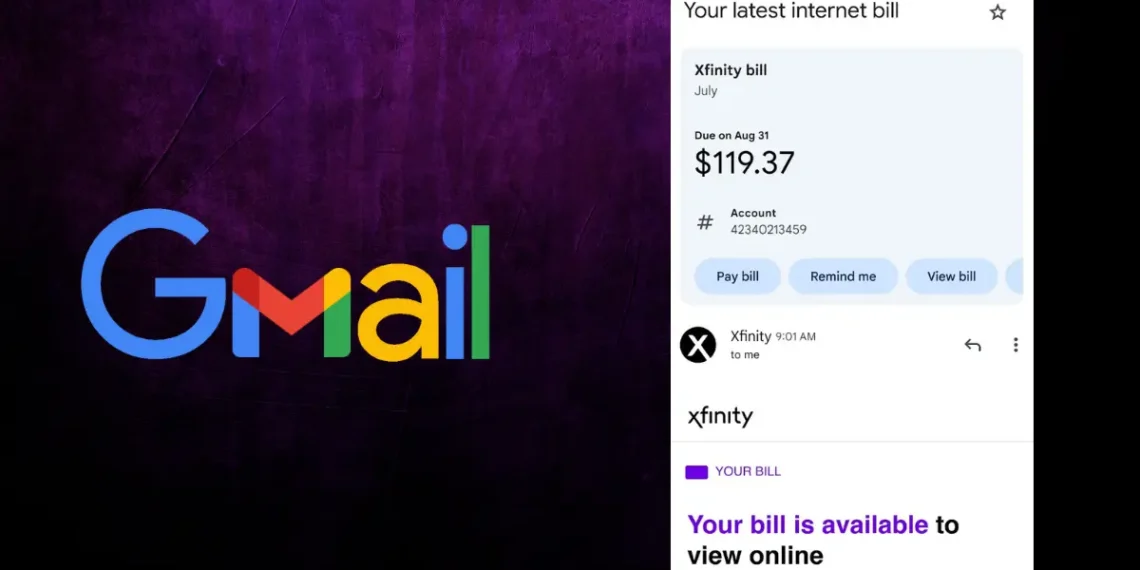 واجهة Gmail تعرض ميزة بطاقات التلخيص الجديدة مع خيارات دفع الفواتير مباشرة من البريد الإلكتروني.