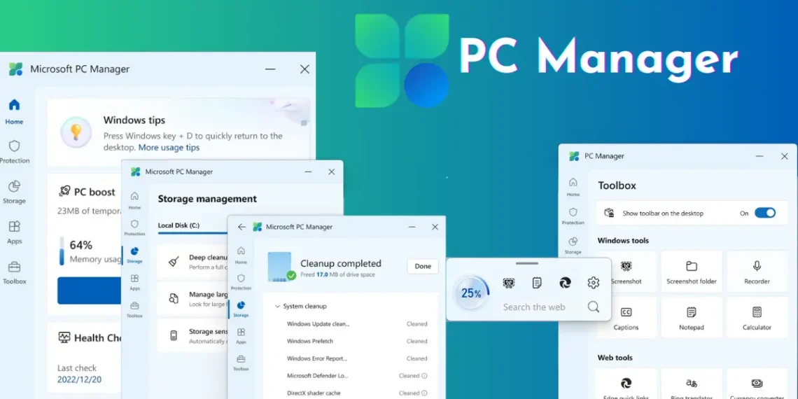 أداة PC Manager على نظام ويندوز 11، تعرض خيارات تنظيف الملفات، تحسين الأداء، وإدارة التخزين لاستعادة سرعة الجهاز.