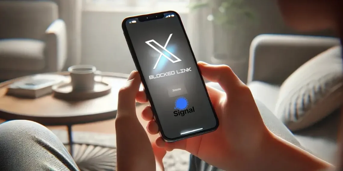 لقطة شاشة تعبيرية توضح رسالة الخطأ عند محاولة نشر رابط تطبيق سيجنال على منصة إكس