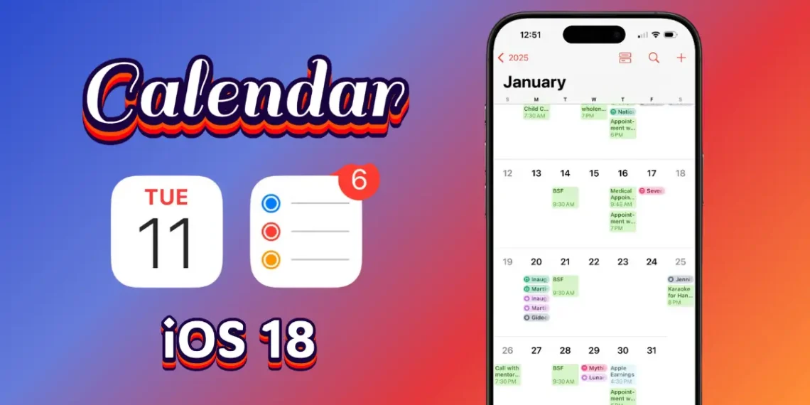 صورة توضح إيماءة التصغير في تطبيق التقويم على آيفون لعرض الأحداث بشكل أكثر تخصيصًا.