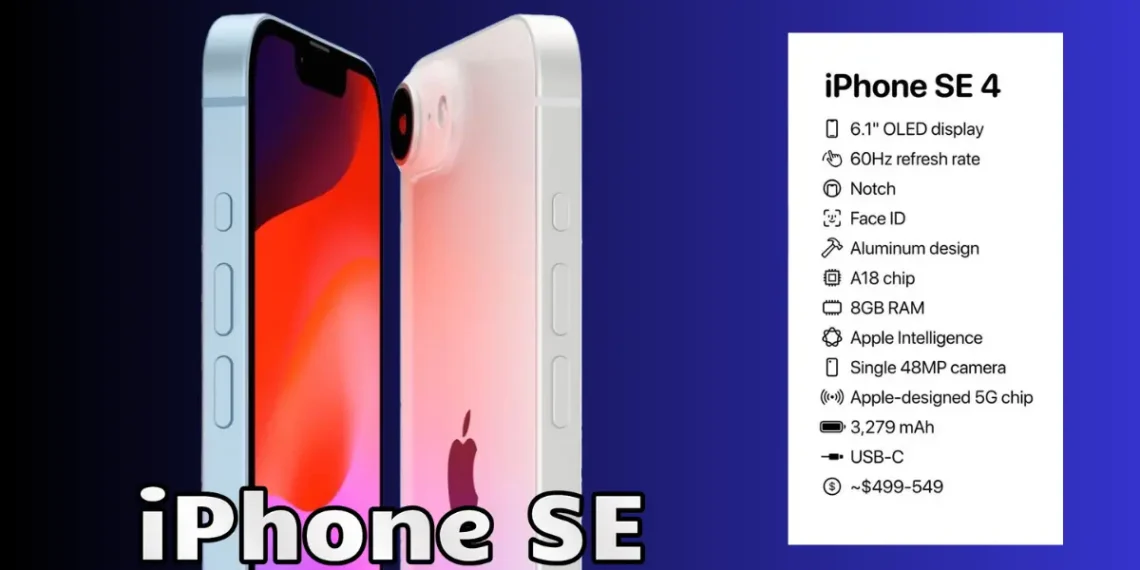 صورة توضيحية لهاتف iPhone SE 4 الجديد من آبل، تعرض تصميمه الحديث المشابه لـ iPhone 14، مع شاشة كاملة وكاميرا خلفية واحدة.