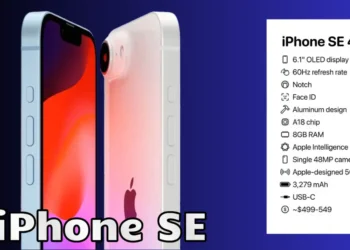 صورة توضيحية لهاتف iPhone SE 4 الجديد من آبل، تعرض تصميمه الحديث المشابه لـ iPhone 14، مع شاشة كاملة وكاميرا خلفية واحدة.