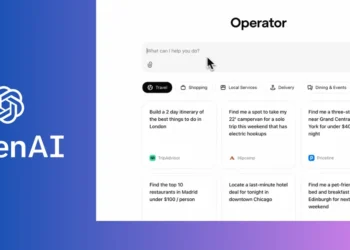 واجهة وكيل الذكاء الاصطناعي Operator تعرض مهامه ذكية، مثل حجز التذاكر والتسوق عبر الإنترنت، مع تصميم بسيط وسهل الاستخدام.