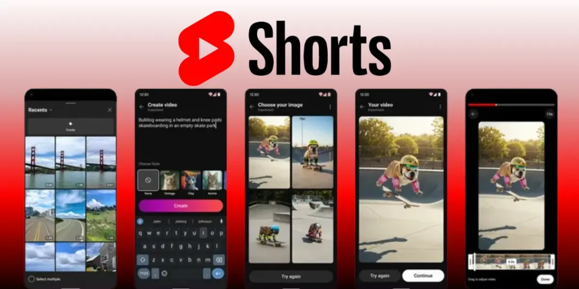 واجهة يوتيوب Shorts تعرض ميزة Veo 2 لإنشاء فيديوهات بالذكاء الاصطناعي، مع خيارات لتعديل الخلفيات وإضافة تأثيرات بصرية.