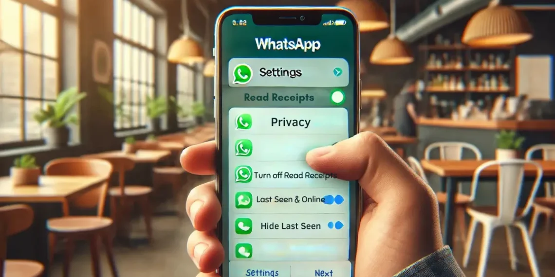 صورة تعبر عن إعدادات واتساب تعرض خيار تعطيل العلامات الزرقاء وإخفاء آخر ظهور المستخدم لحماية الخصوصية