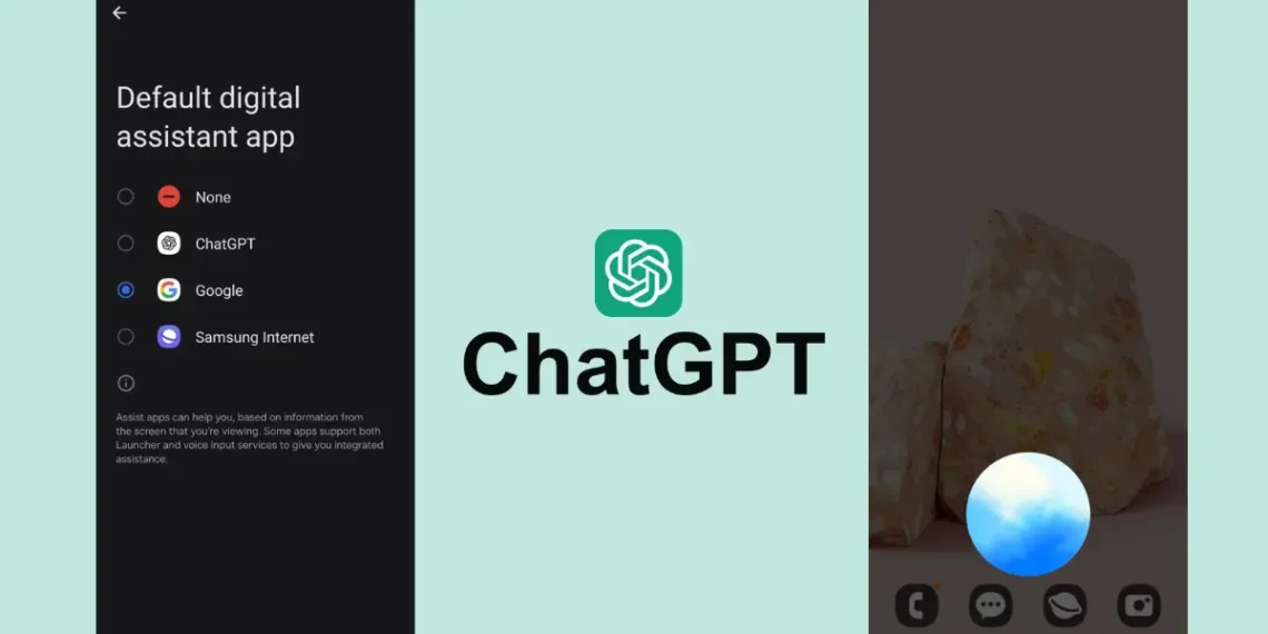 صورة توضح كيفية تفعيل ChatGPT كمساعد افتراضي على جهاز الأندرويد مع واجهة التطبيق والإعدادات.