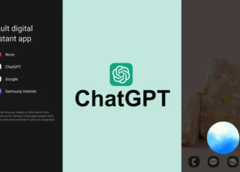 صورة توضح كيفية تفعيل ChatGPT كمساعد افتراضي على جهاز الأندرويد مع واجهة التطبيق والإعدادات.