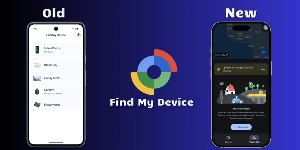 صورة توضح تحديث Find My Device على أندرويد مع عرض خريطة تظهر مواقع الأجهزة والأشخاص.