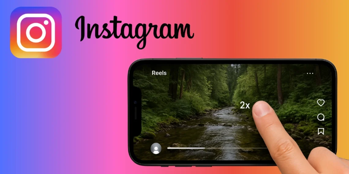 صورة توضيحية لميزة تسريع فيديوهات Reels في إنستجرام، مع عرض كيفية الضغط لتسريع الفيديو.