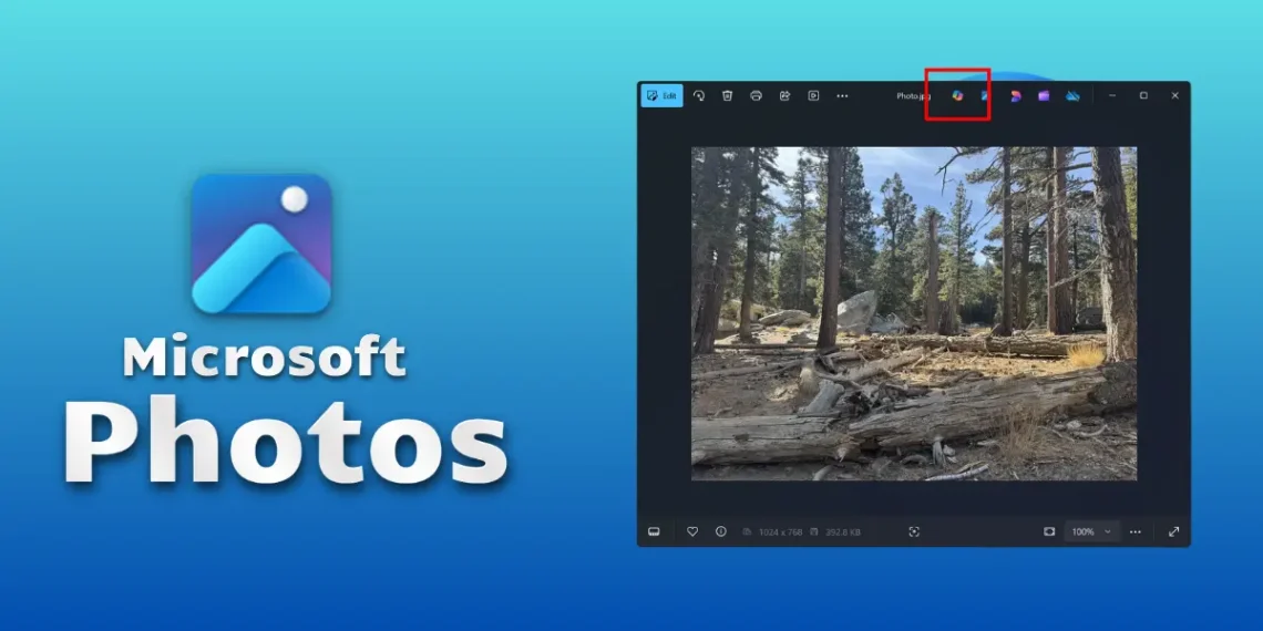صورة توضح الميزات الجديدة في تطبيق Microsoft Photos بما في ذلك OCR، البحث البصري، وأدوات التحرير باستخدام الذكاء الاصطناعي.