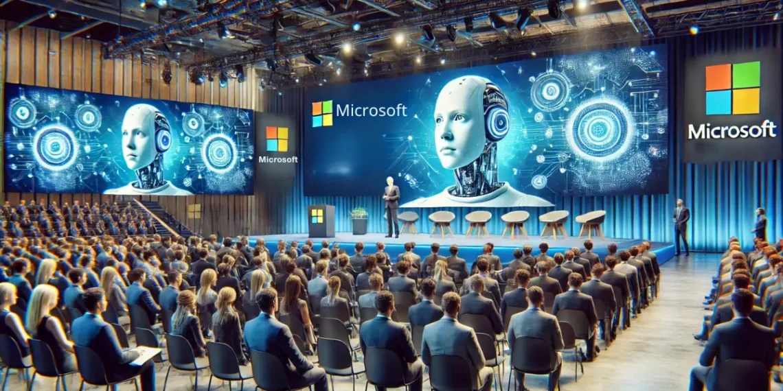 صورة تعبيرية عن حدث مايكروسوفت بمرور 50 عامًا توضح حضور القادة التنفيذيين وإعلان تقنيات كوبايلوت الجديدة