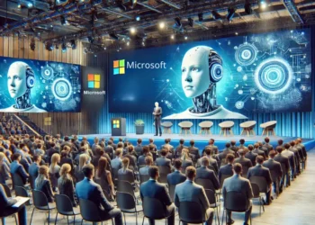 صورة تعبيرية عن حدث مايكروسوفت بمرور 50 عامًا توضح حضور القادة التنفيذيين وإعلان تقنيات كوبايلوت الجديدة