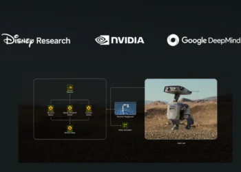 صورة توضح محرك نويتن في عمله مع روبوتات ديزني المستقبلية، حيث يظهر كيفية تفاعل الروبوتات مع البيئة باستخدام تقنيات إنفيديا وجوجل ديب مايند.
