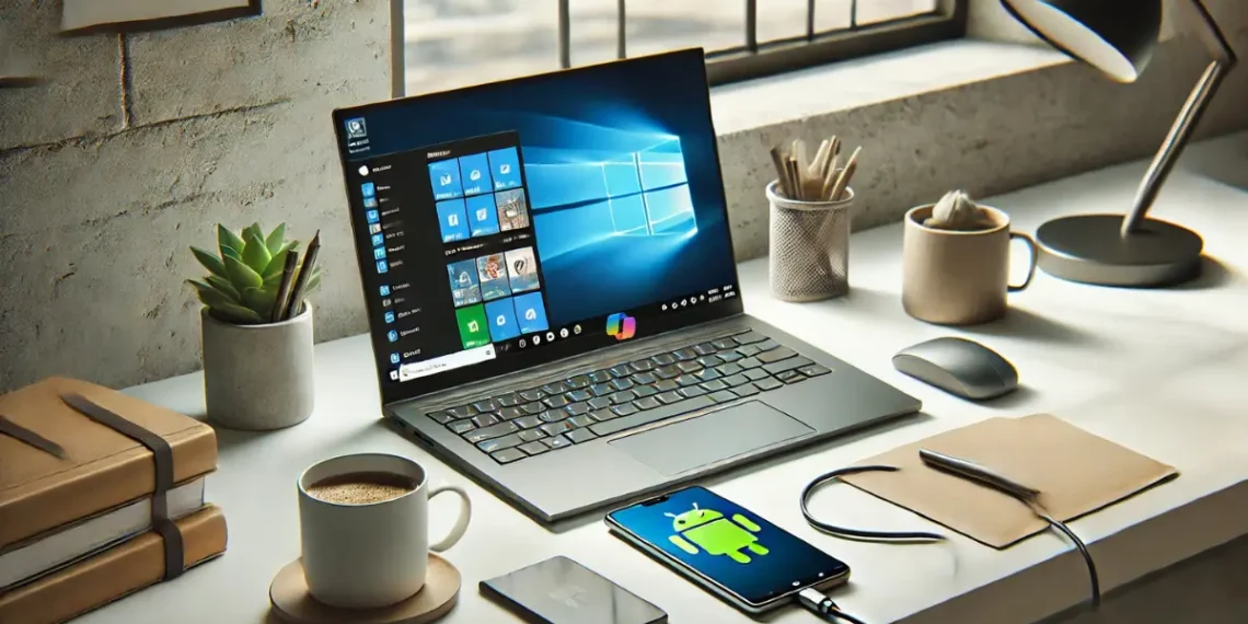 صورة توضح كيفية استخدام ميزة "ربط الهاتف" بين جهاز الأندرويد وحاسوب يعمل بنظام ويندوز عبر تطبيق "Link to Windows".