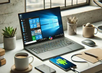 صورة توضح كيفية استخدام ميزة "ربط الهاتف" بين جهاز الأندرويد وحاسوب يعمل بنظام ويندوز عبر تطبيق "Link to Windows".