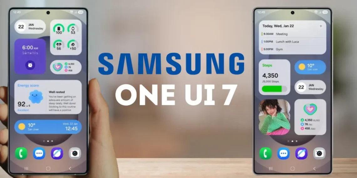 هاتف سامسونج تعرض واجهة One UI 7 الجديدة مع ميزات الذكاء الاصطناعي وأيقونات التطبيقات المحدثة.
