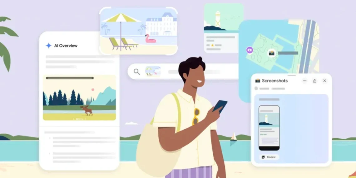 صورة توضح ميزات جديدة من جوجل تساعد في تخطيط الرحلات باستخدام الخرائط والبحث والفنادق.