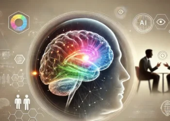 صورة توضيحية لتمثيل نشاط الدماغ أثناء معالجة اللغة باستخدام تقنيات الذكاء الاصطناعي