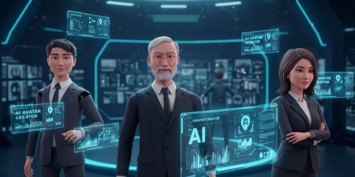 شخصيات افتراضية واقعية تم إنشاؤها بالذكاء الاصطناعي لعمل فيديوهات احترافية، مع عرض لوحة تحكم أدوات إنشاء أفاتار بالذكاء الاصطناعي