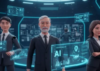 شخصيات افتراضية واقعية تم إنشاؤها بالذكاء الاصطناعي لعمل فيديوهات احترافية، مع عرض لوحة تحكم أدوات إنشاء أفاتار بالذكاء الاصطناعي